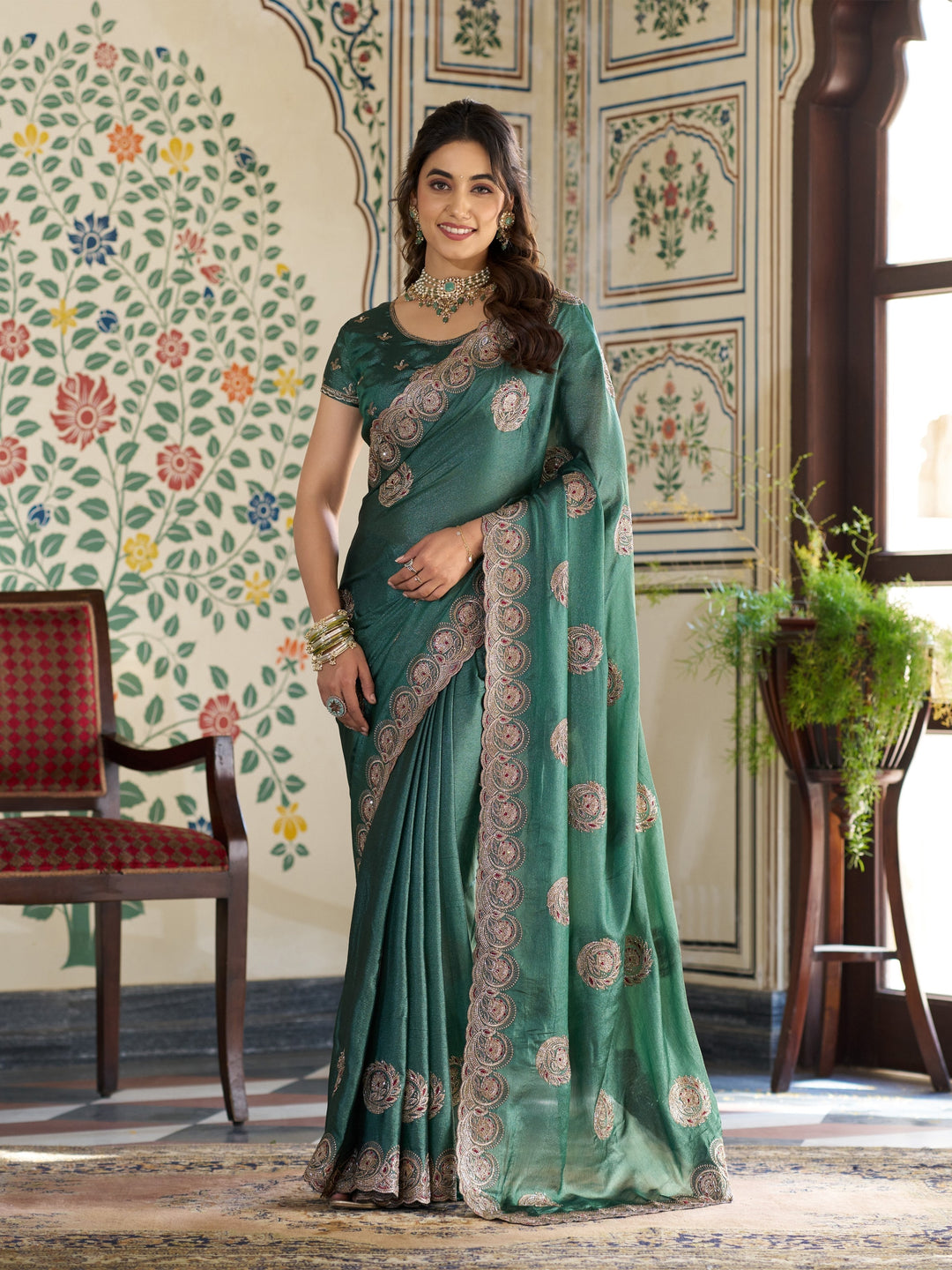 Emerald Green Fendy Satin Designer Saree with Circular Embroidery & Heavy Zari Border | Festive Party Wear Saree with Blouse