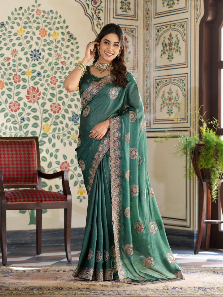 Emerald Green Fendy Satin Designer Saree with Circular Embroidery & Heavy Zari Border | Festive Party Wear Saree with Blouse