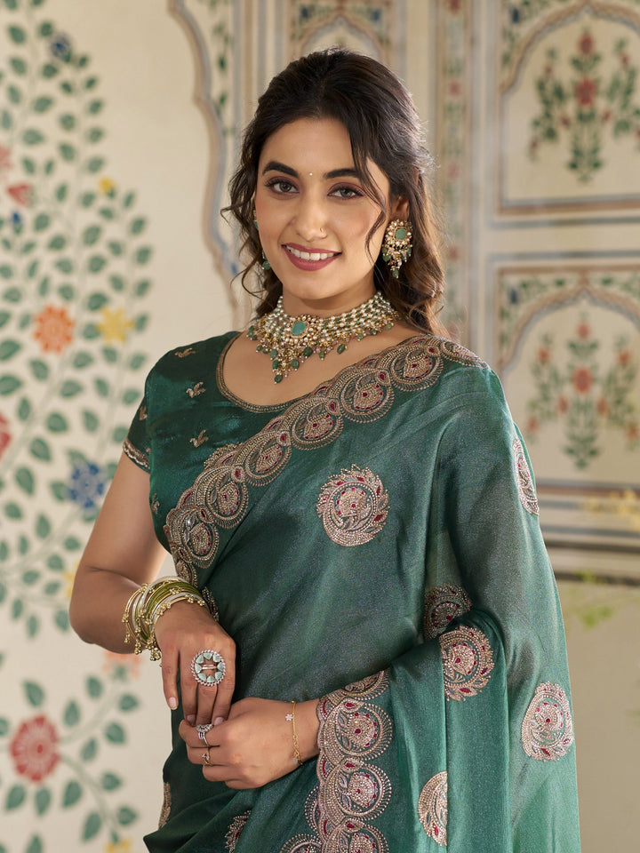 Emerald Green Fendy Satin Designer Saree with Circular Embroidery & Heavy Zari Border | Festive Party Wear Saree with Blouse