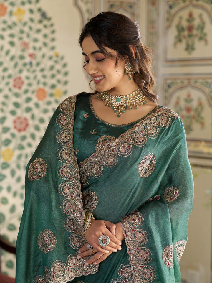 Emerald Green Fendy Satin Designer Saree with Circular Embroidery & Heavy Zari Border | Festive Party Wear Saree with Blouse