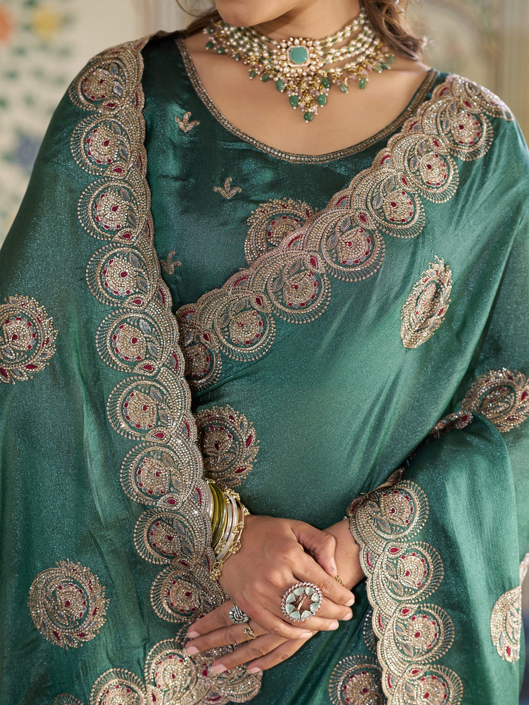 Emerald Green Fendy Satin Designer Saree with Circular Embroidery & Heavy Zari Border | Festive Party Wear Saree with Blouse