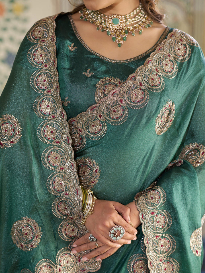 Emerald Green Fendy Satin Designer Saree with Circular Embroidery & Heavy Zari Border | Festive Party Wear Saree with Blouse
