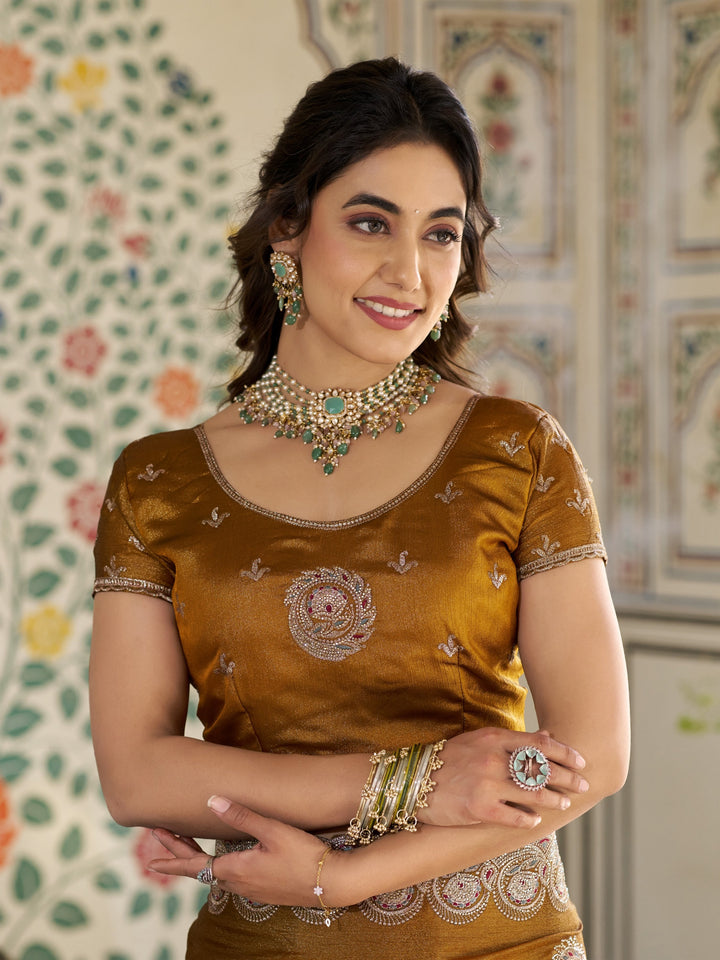 Antique Mustard Gold Fendy Satin Designer Saree with Zari Circular Motifs & Heavy Embroidered Border | Festive Wedding Wear Saree with Blouse