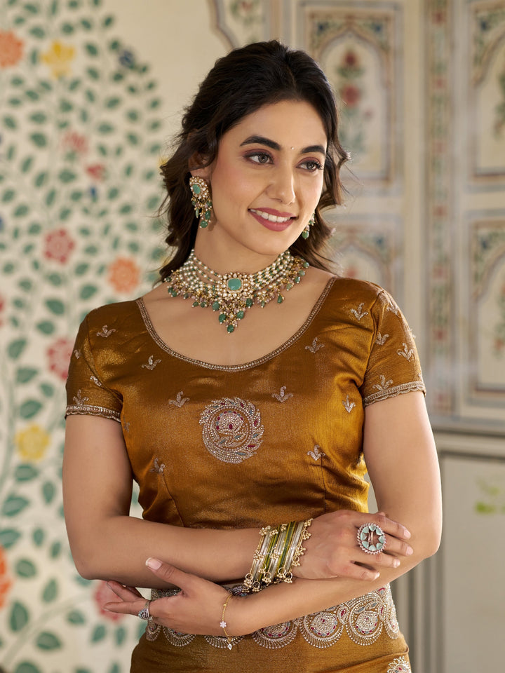 Antique Mustard Gold Fendy Satin Designer Saree with Zari Circular Motifs & Heavy Embroidered Border | Festive Wedding Wear Saree with Blouse