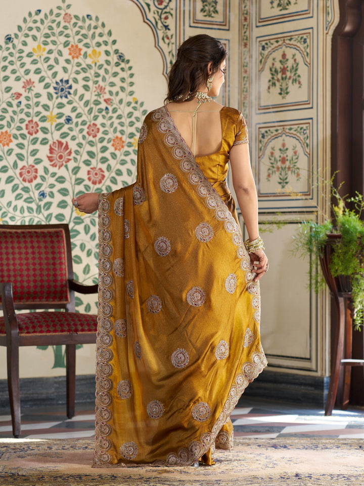 Antique Mustard Gold Fendy Satin Designer Saree with Zari Circular Motifs & Heavy Embroidered Border | Festive Wedding Wear Saree with Blouse