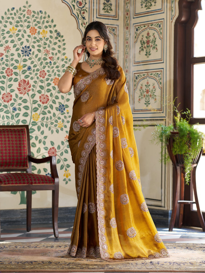 Antique Mustard Gold Fendy Satin Designer Saree with Zari Circular Motifs & Heavy Embroidered Border | Festive Wedding Wear Saree with Blouse