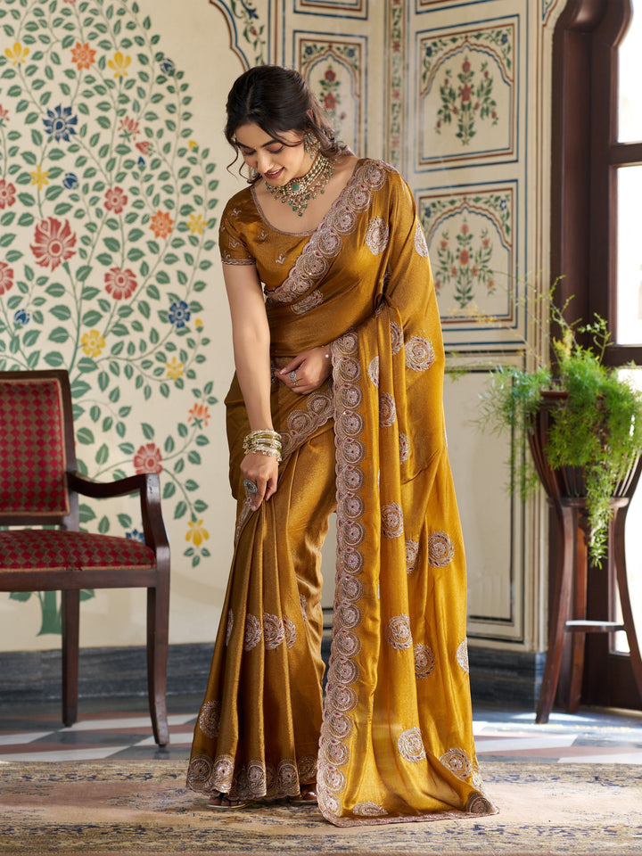 Antique Mustard Gold Fendy Satin Designer Saree with Zari Circular Motifs & Heavy Embroidered Border | Festive Wedding Wear Saree with Blouse
