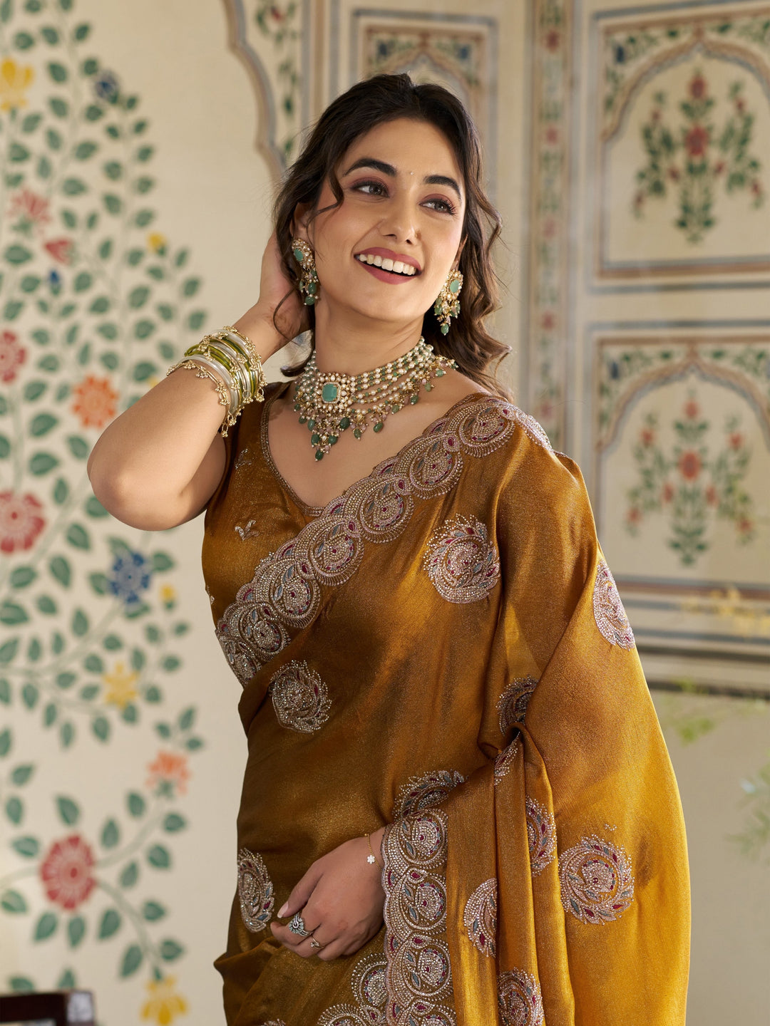 Antique Mustard Gold Fendy Satin Designer Saree with Zari Circular Motifs & Heavy Embroidered Border | Festive Wedding Wear Saree with Blouse