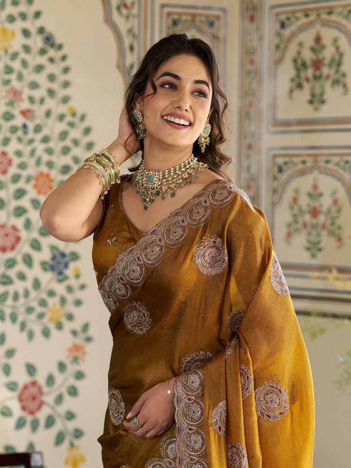 Antique Mustard Gold Fendy Satin Designer Saree with Zari Circular Motifs & Heavy Embroidered Border | Festive Wedding Wear Saree with Blouse