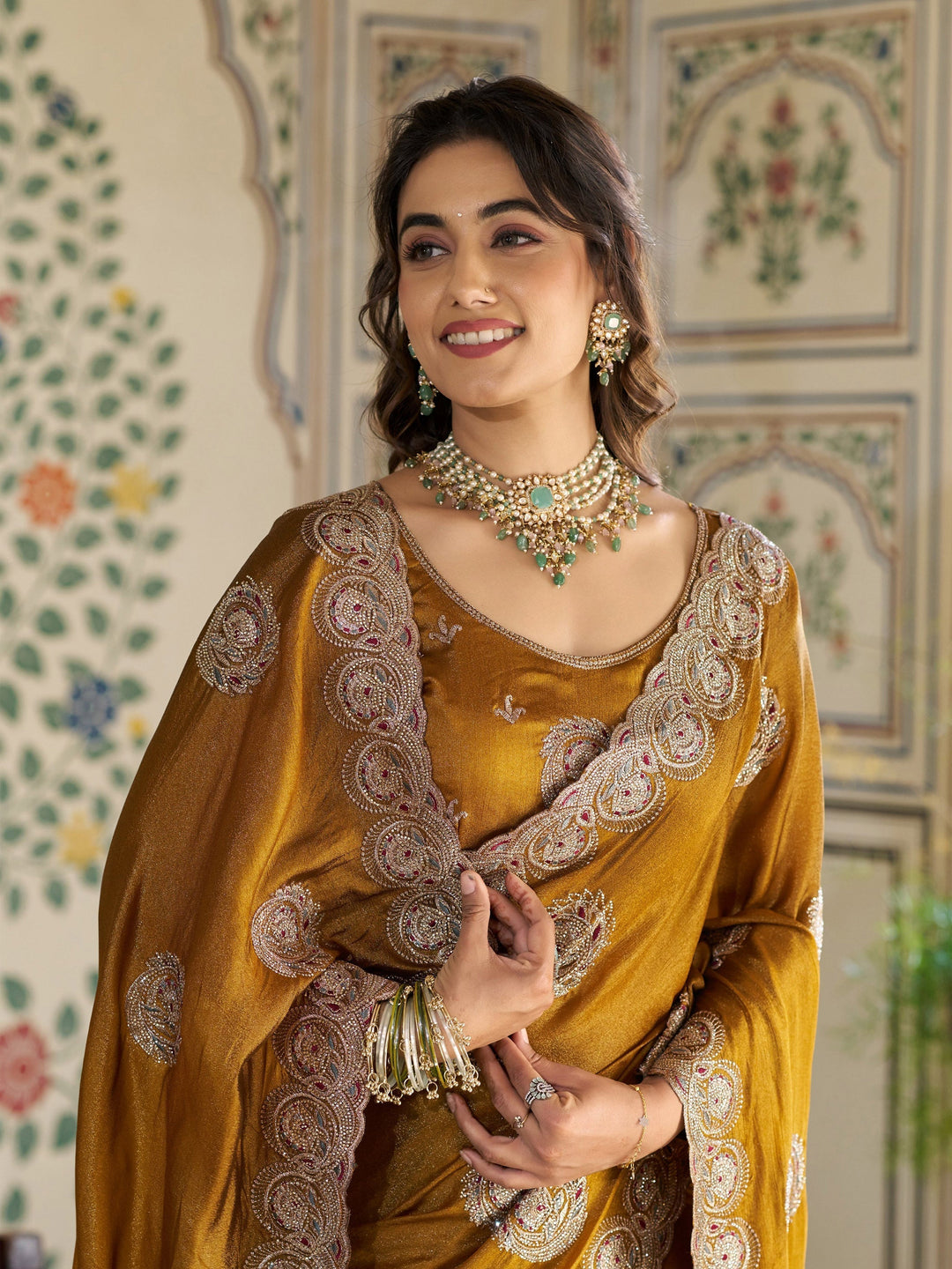 Antique Mustard Gold Fendy Satin Designer Saree with Zari Circular Motifs & Heavy Embroidered Border | Festive Wedding Wear Saree with Blouse