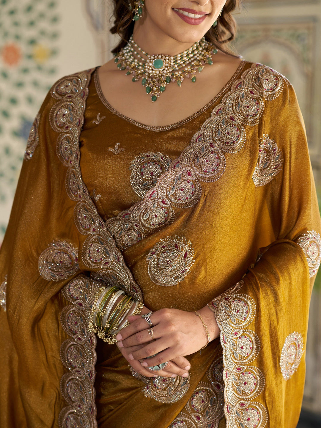 Antique Mustard Gold Fendy Satin Designer Saree with Zari Circular Motifs & Heavy Embroidered Border | Festive Wedding Wear Saree with Blouse