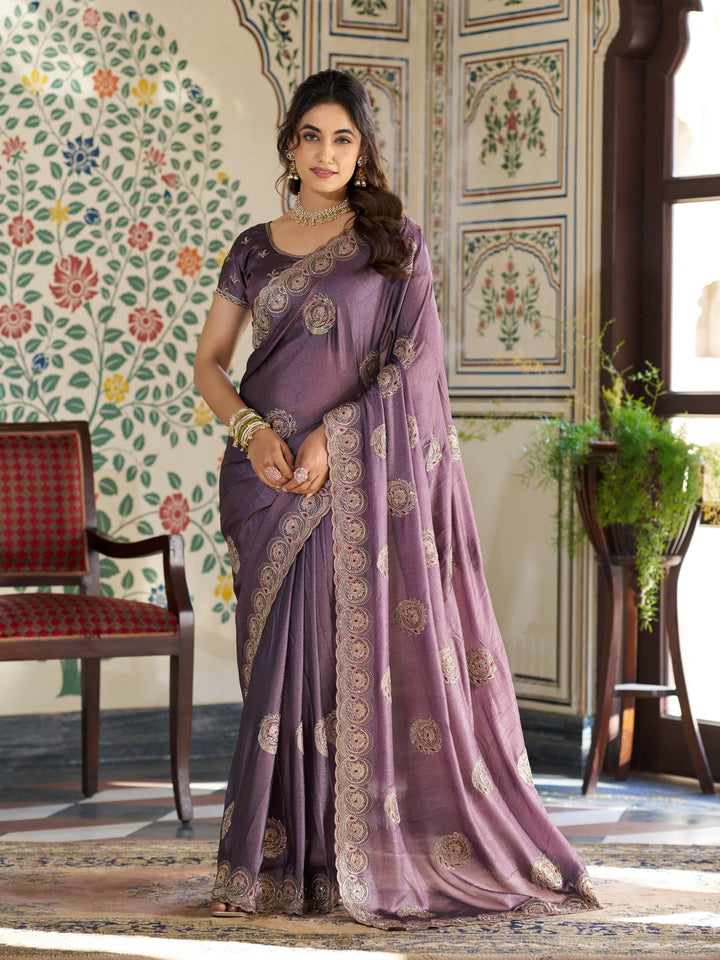 Dusty Mauve Fendy Satin Designer Saree with Zari Circular Motifs & Rich Embroidered Border | Elegant Party Wear Saree with Blouse