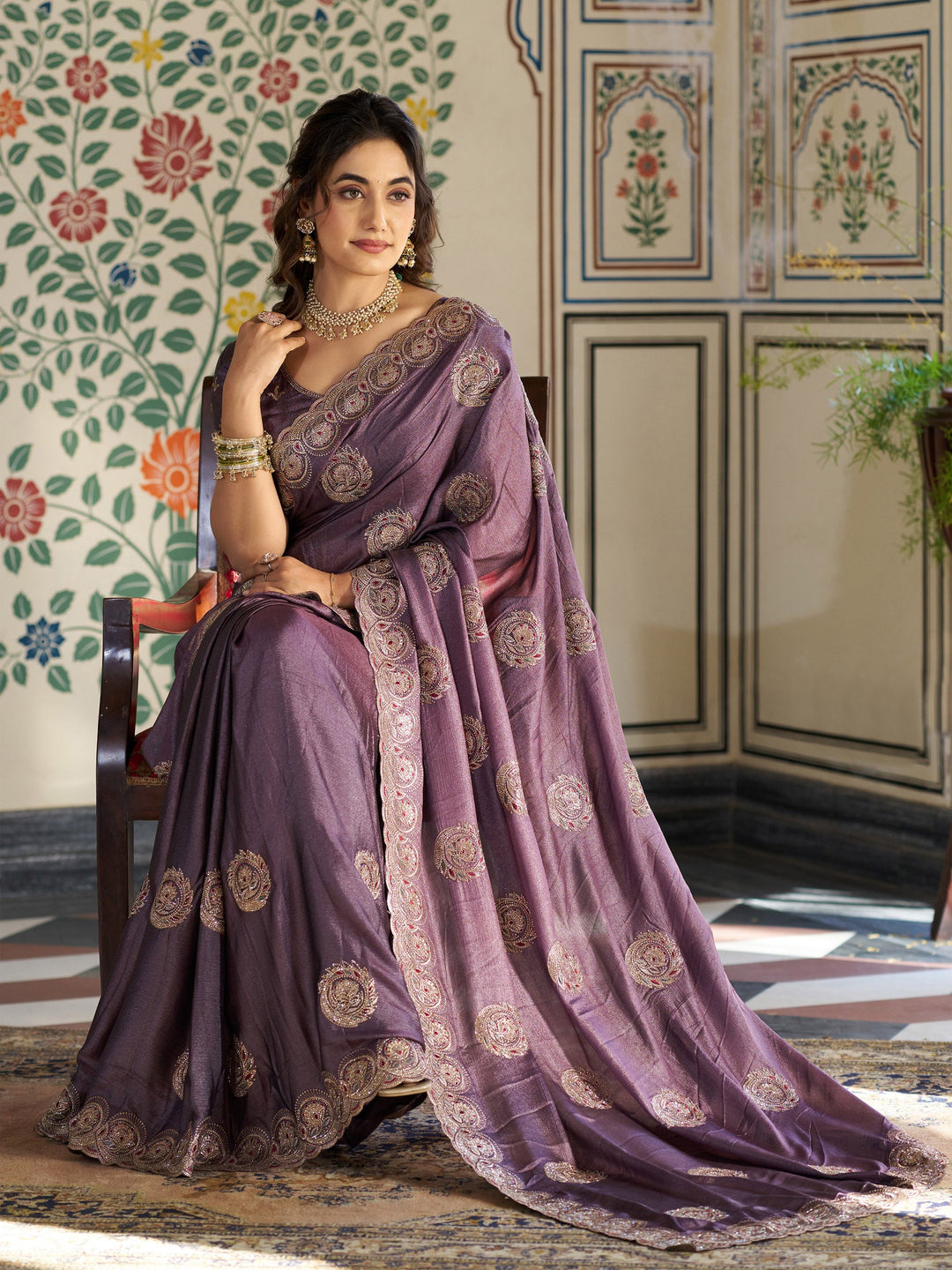 Dusty Mauve Fendy Satin Designer Saree with Zari Circular Motifs & Rich Embroidered Border | Elegant Party Wear Saree with Blouse