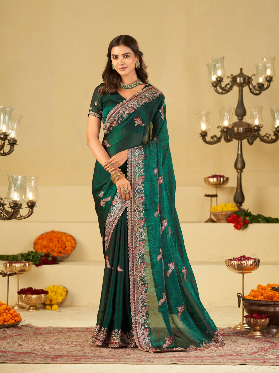 Emerald Green Designer Fendy Satin Saree with Heavy Embroidered Border | Premium Festive Party Wear Saree with Intricate Embroidery & Matching Blouse