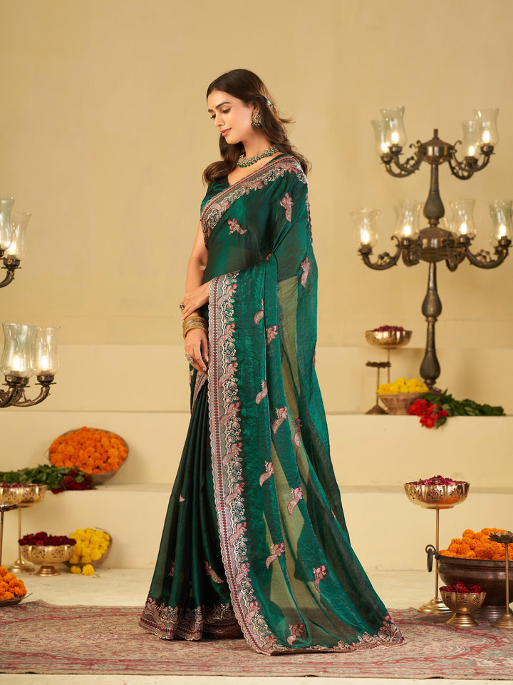 Emerald Green Designer Fendy Satin Saree with Heavy Embroidered Border | Premium Festive Party Wear Saree with Intricate Embroidery & Matching Blouse