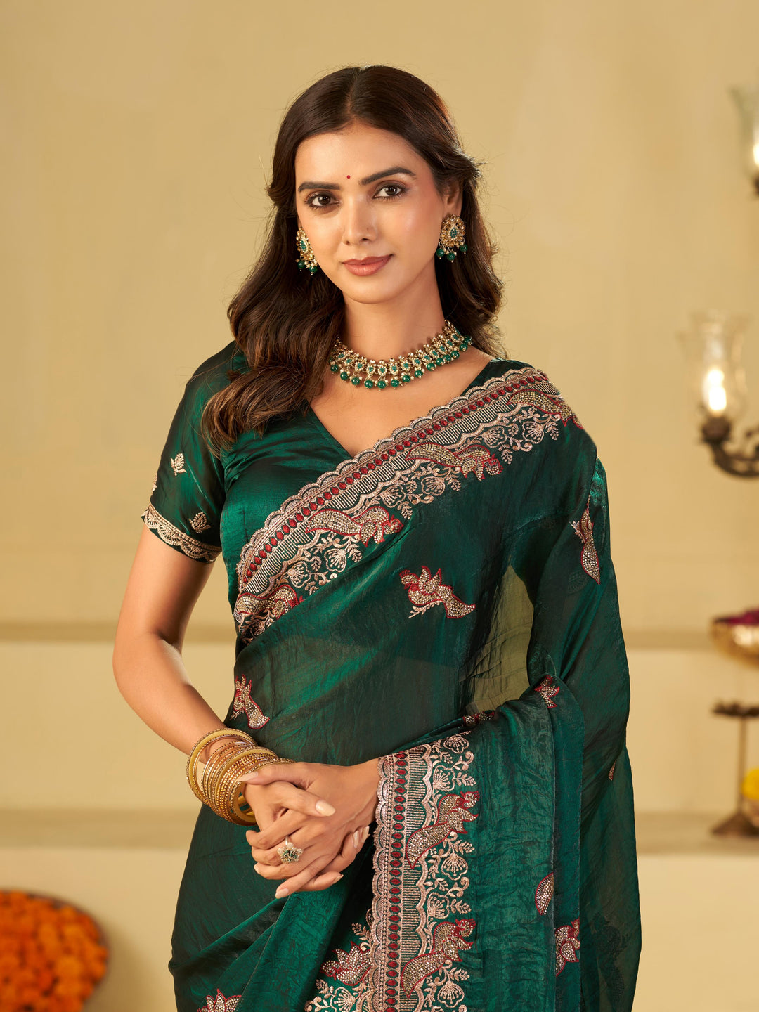 Emerald Green Designer Fendy Satin Saree with Heavy Embroidered Border | Premium Festive Party Wear Saree with Intricate Embroidery & Matching Blouse