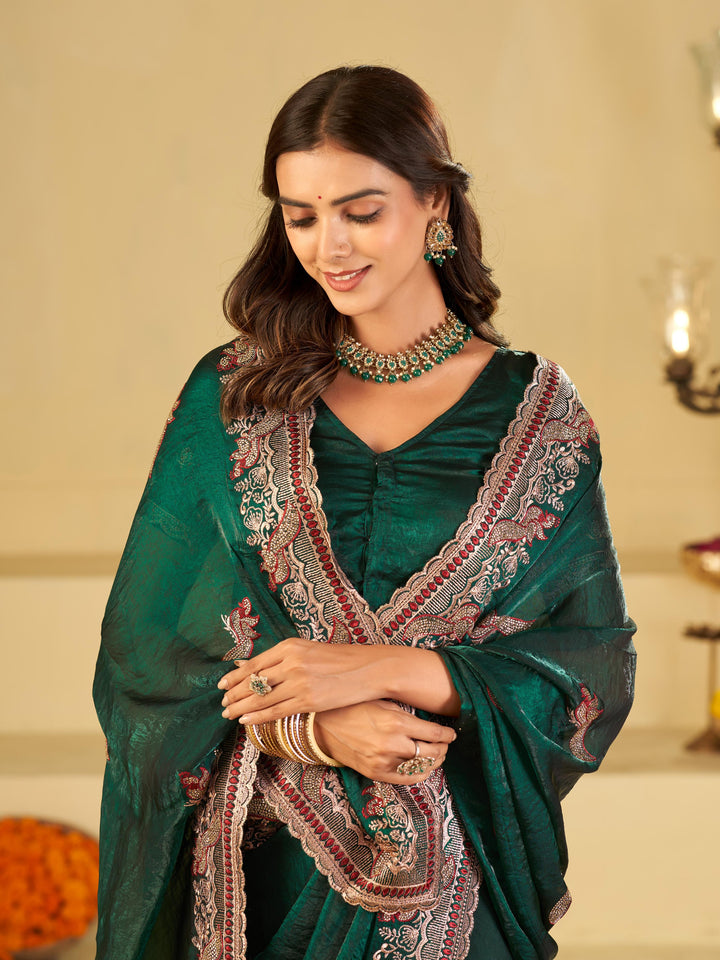 Emerald Green Designer Fendy Satin Saree with Heavy Embroidered Border | Premium Festive Party Wear Saree with Intricate Embroidery & Matching Blouse
