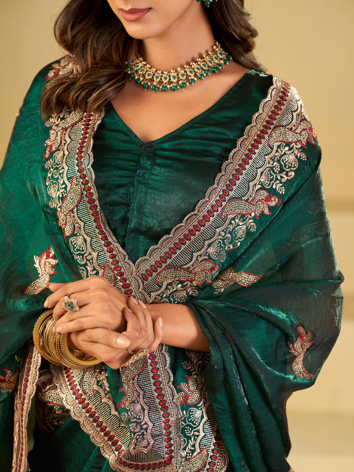 Emerald Green Designer Fendy Satin Saree with Heavy Embroidered Border | Premium Festive Party Wear Saree with Intricate Embroidery & Matching Blouse