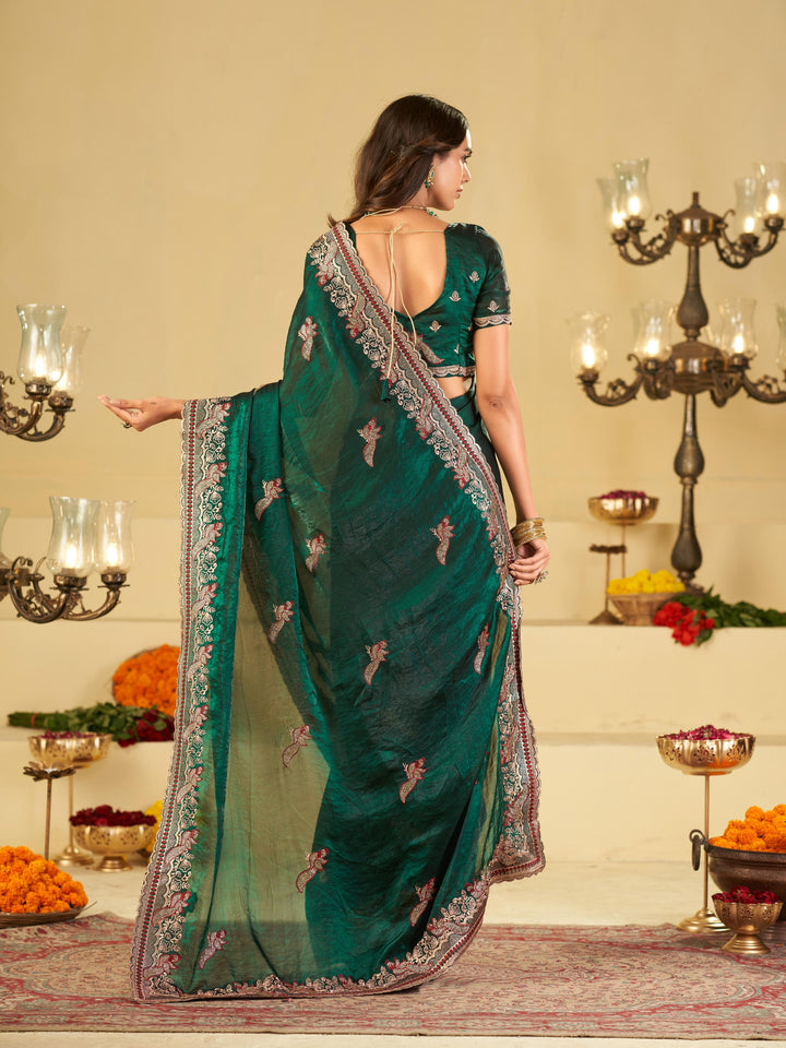 Emerald Green Designer Fendy Satin Saree with Heavy Embroidered Border | Premium Festive Party Wear Saree with Intricate Embroidery & Matching Blouse