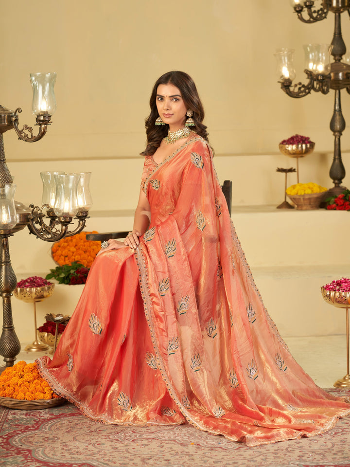 Peach Pink Designer Fendy Satin Saree with Embroidered Peacock Feather Motifs & Elegant Lace Border | Premium Festive Party Wear Saree
