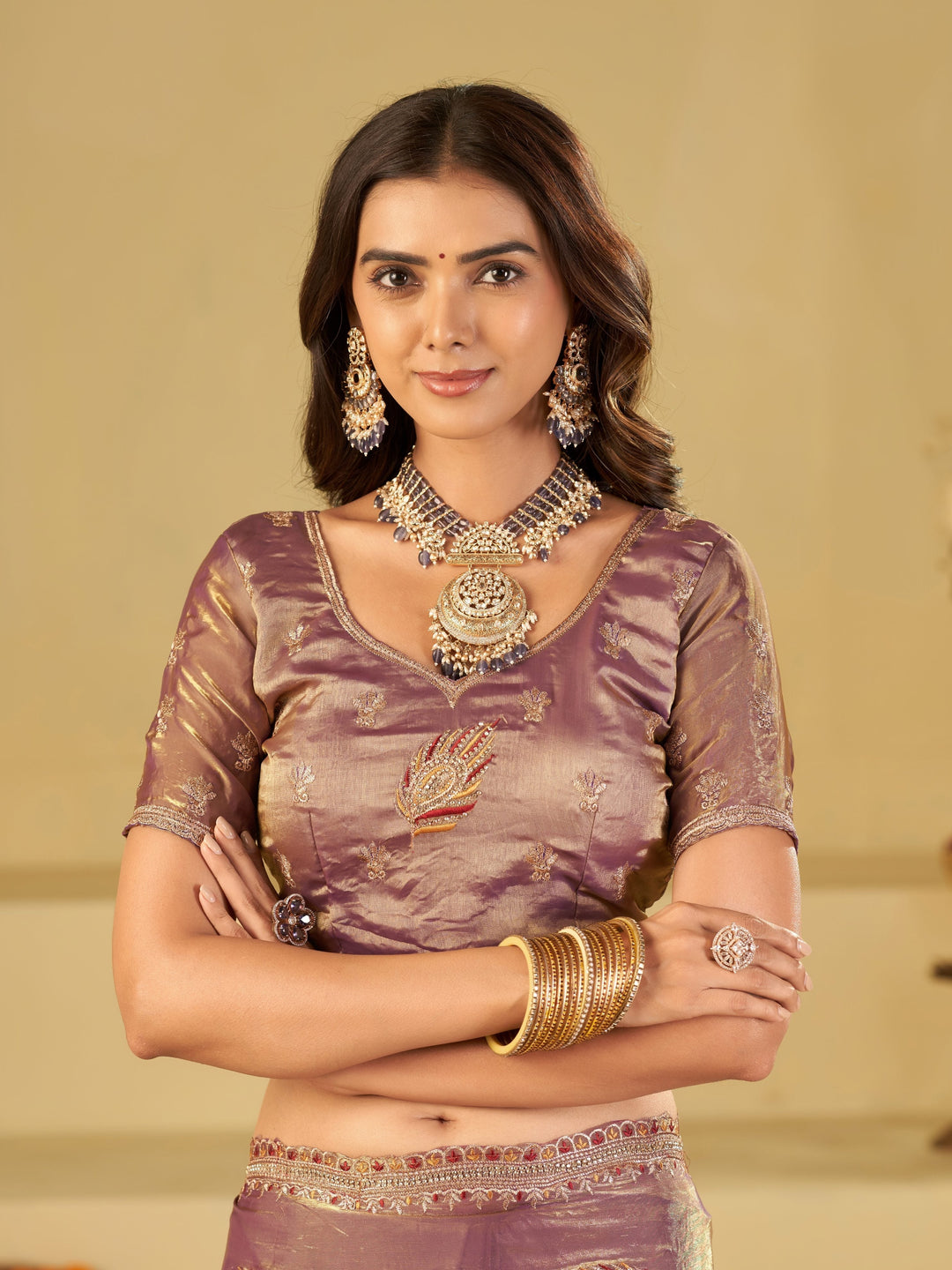 Lavender Designer Fendy Satin Saree with Embroidered Leaf Motifs & Elegant Lace Border | Premium Festive Party Wear Saree with Matching Blouse