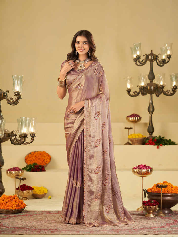 Lavender Designer Fendy Satin Saree with Embroidered Leaf Motifs & Elegant Lace Border | Premium Festive Party Wear Saree with Matching Blouse