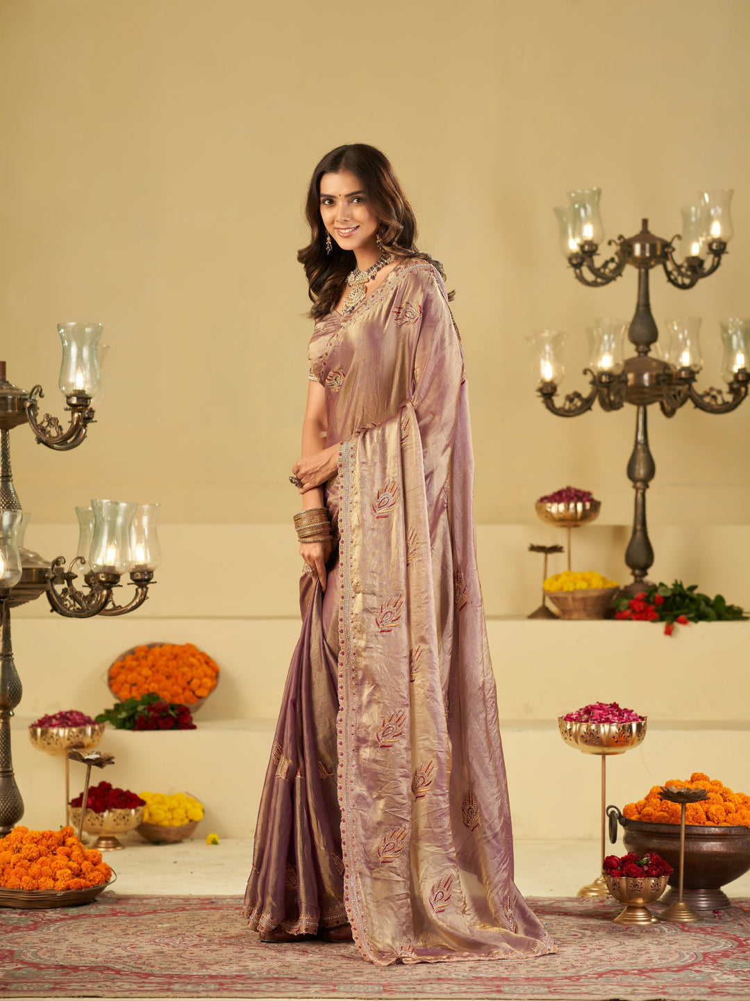 Lavender Designer Fendy Satin Saree with Embroidered Leaf Motifs & Elegant Lace Border | Premium Festive Party Wear Saree with Matching Blouse