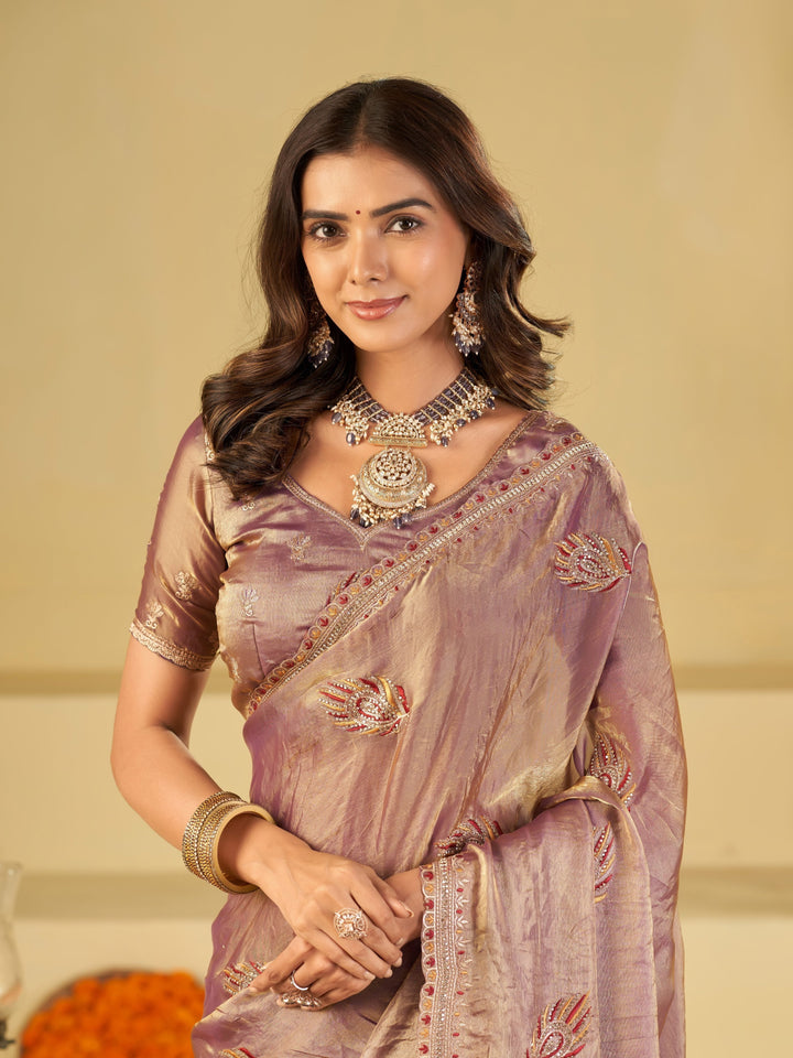 Lavender Designer Fendy Satin Saree with Embroidered Leaf Motifs & Elegant Lace Border | Premium Festive Party Wear Saree with Matching Blouse