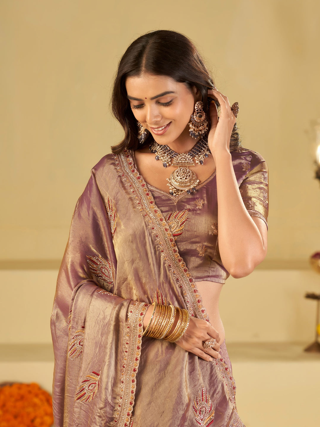 Lavender Designer Fendy Satin Saree with Embroidered Leaf Motifs & Elegant Lace Border | Premium Festive Party Wear Saree with Matching Blouse