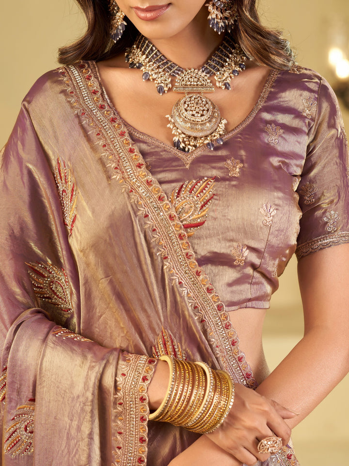Lavender Designer Fendy Satin Saree with Embroidered Leaf Motifs & Elegant Lace Border | Premium Festive Party Wear Saree with Matching Blouse