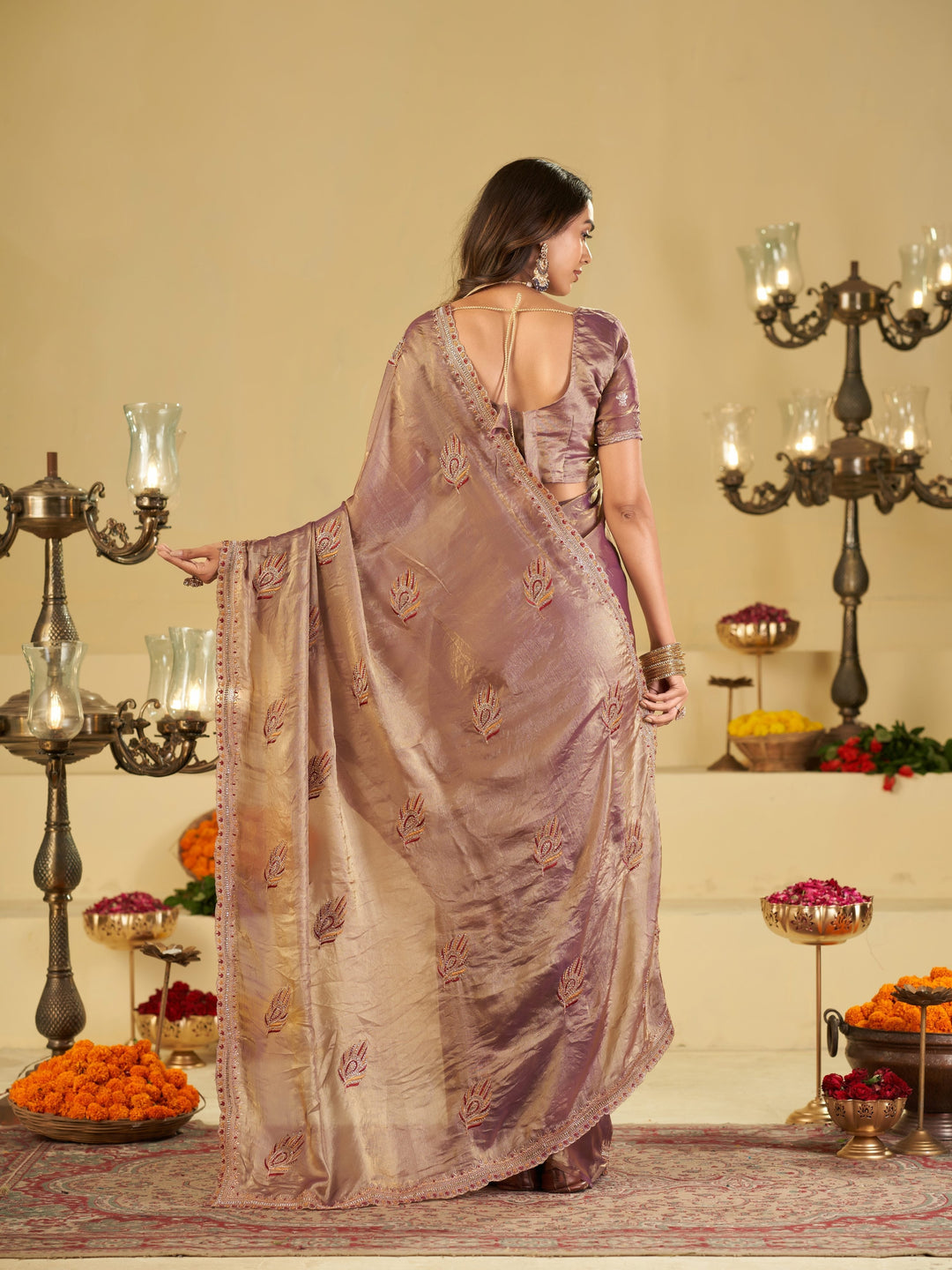 Lavender Designer Fendy Satin Saree with Embroidered Leaf Motifs & Elegant Lace Border | Premium Festive Party Wear Saree with Matching Blouse