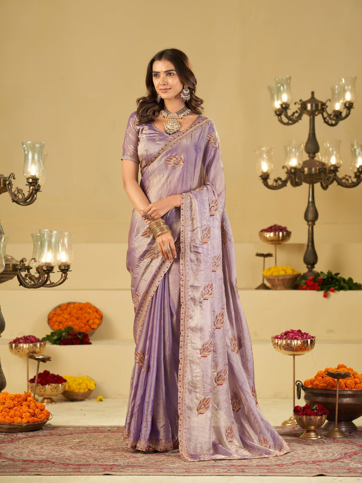 Lavender Purple Designer Fendy Satin Saree with Embroidered Leaf Motifs & Elegant Lace Border | Premium Festive Party Wear Saree with Matching Blouse