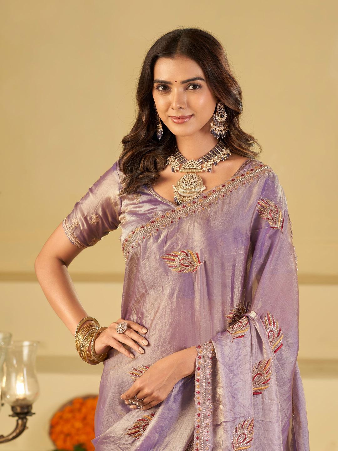 Lavender Purple Designer Fendy Satin Saree with Embroidered Leaf Motifs & Elegant Lace Border | Premium Festive Party Wear Saree with Matching Blouse