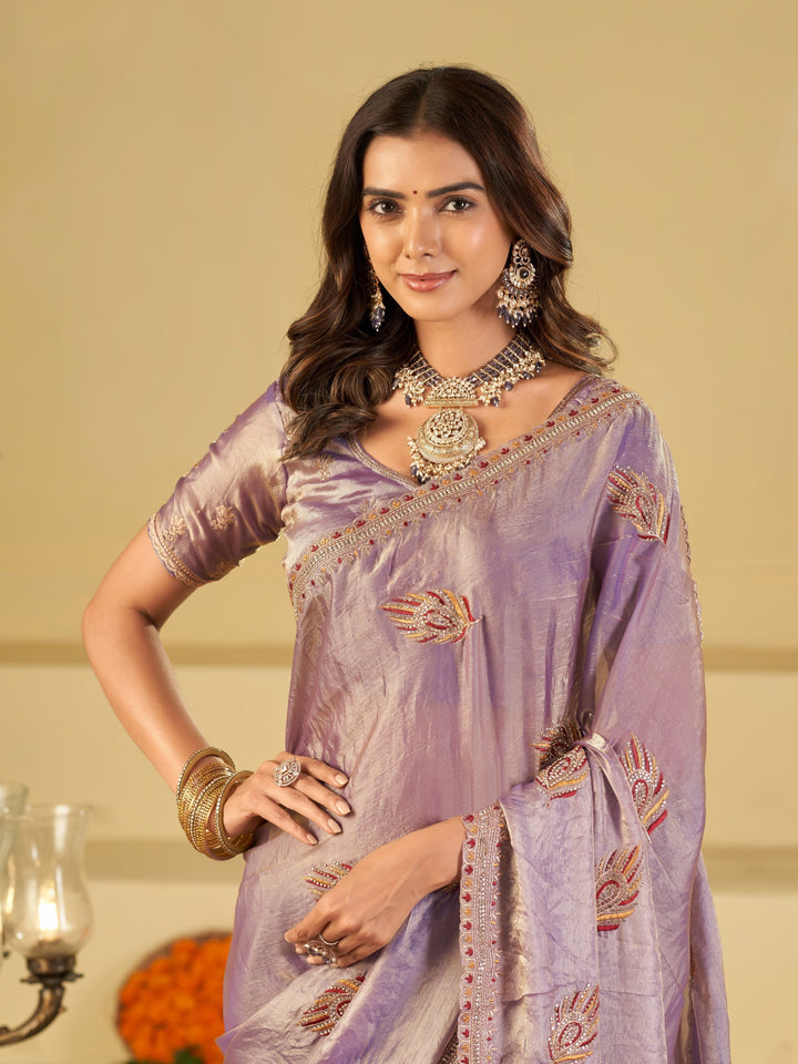Lavender Purple Designer Fendy Satin Saree with Embroidered Leaf Motifs & Elegant Lace Border | Premium Festive Party Wear Saree with Matching Blouse