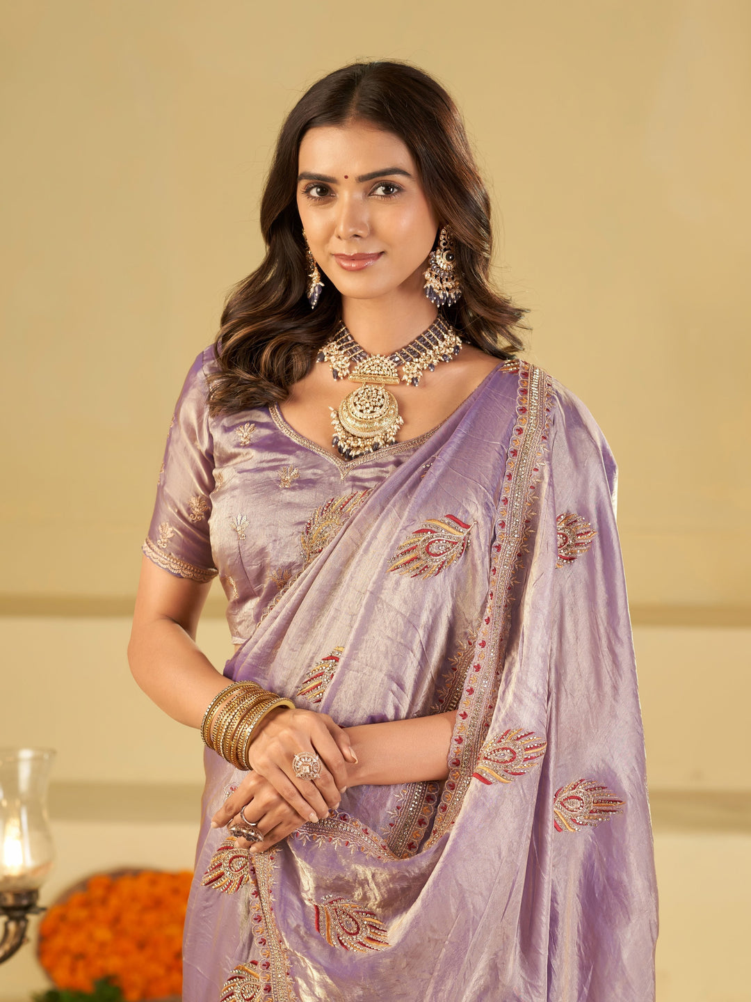 Lavender Purple Designer Fendy Satin Saree with Embroidered Leaf Motifs & Elegant Lace Border | Premium Festive Party Wear Saree with Matching Blouse