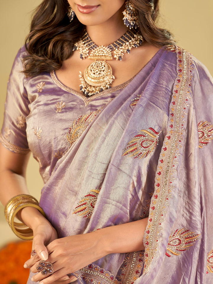 Lavender Purple Designer Fendy Satin Saree with Embroidered Leaf Motifs & Elegant Lace Border | Premium Festive Party Wear Saree with Matching Blouse