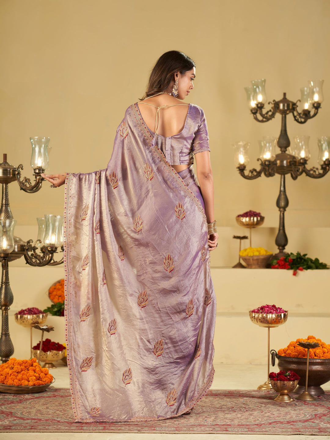 Lavender Purple Designer Fendy Satin Saree with Embroidered Leaf Motifs & Elegant Lace Border | Premium Festive Party Wear Saree with Matching Blouse