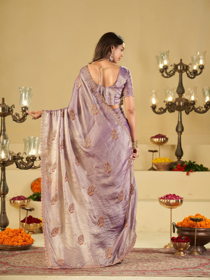Lavender Purple Designer Fendy Satin Saree with Embroidered Leaf Motifs & Elegant Lace Border | Premium Festive Party Wear Saree with Matching Blouse