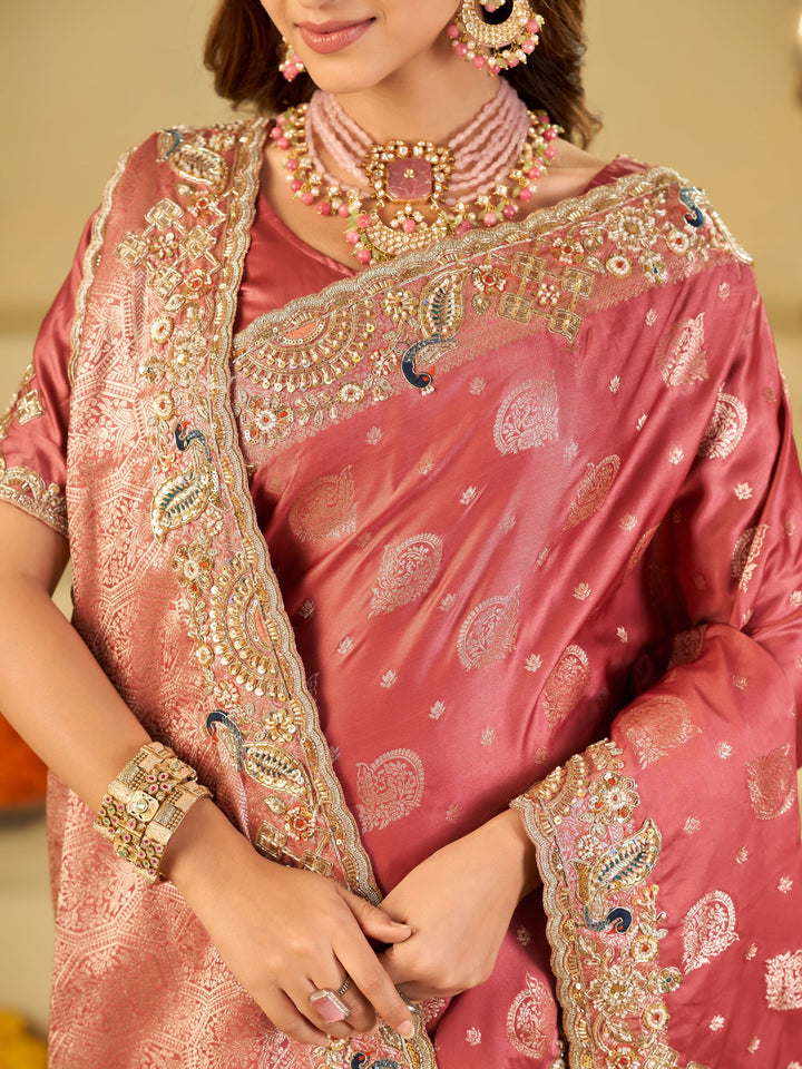 Rose Pink Banarasi Silk Saree with Heavy Embroidered Scallop Border & Rich Zari Woven Pallu | Designer Wedding Festive Saree