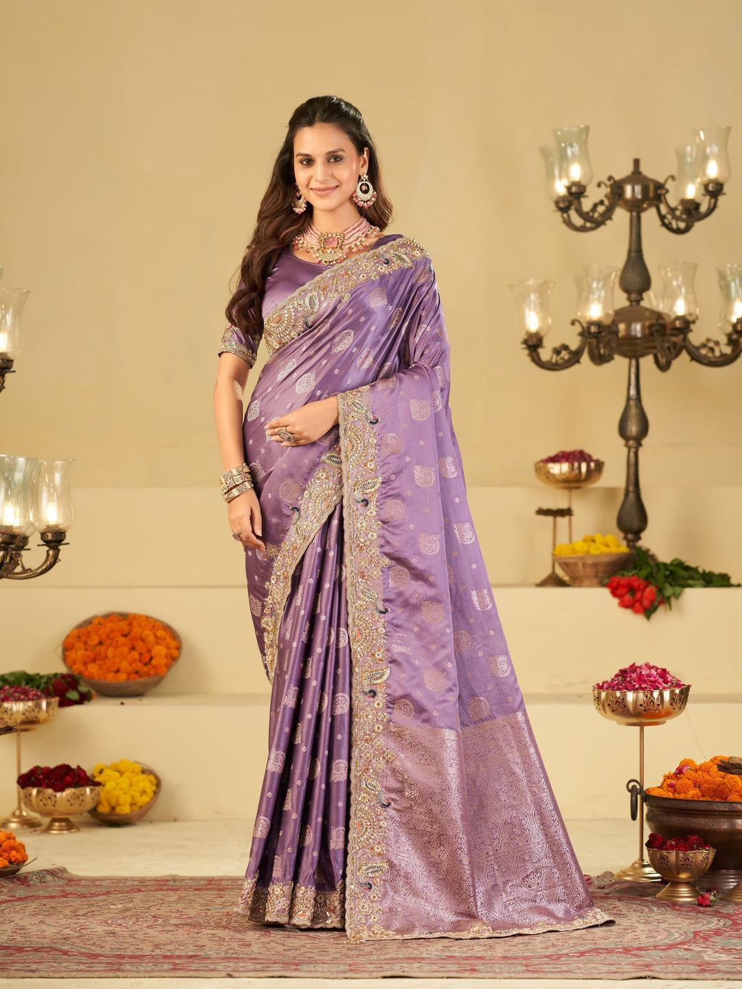 Lavender Purple Banarasi Silk Saree with Heavy Embroidered Scallop Border & Rich Zari Woven Pallu | Designer Wedding Festive Saree