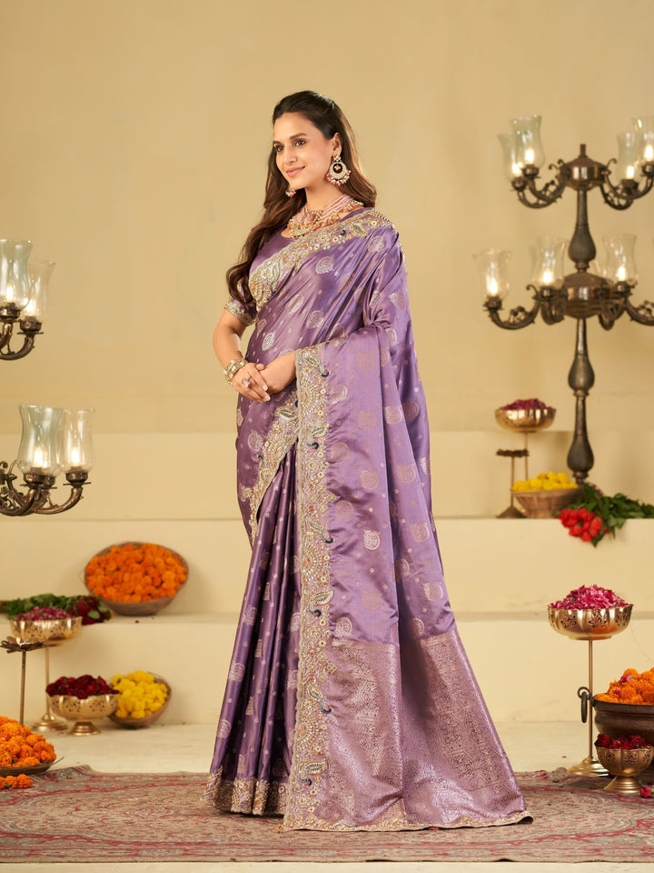 Lavender Purple Banarasi Silk Saree with Heavy Embroidered Scallop Border & Rich Zari Woven Pallu | Designer Wedding Festive Saree