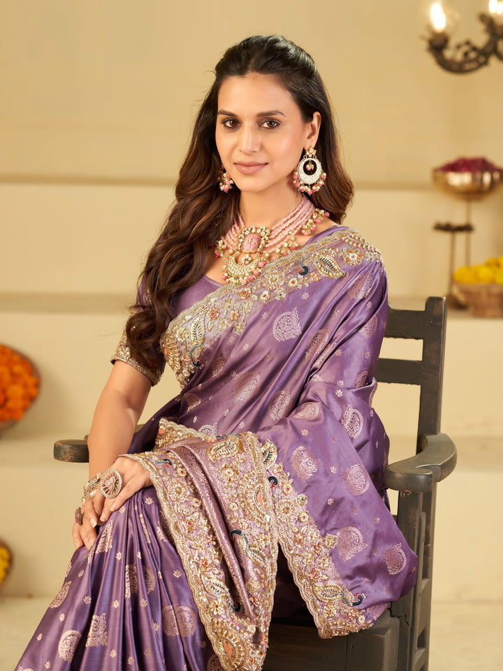 Lavender Purple Banarasi Silk Saree with Heavy Embroidered Scallop Border & Rich Zari Woven Pallu | Designer Wedding Festive Saree