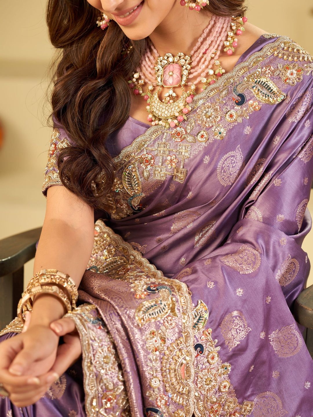Lavender Purple Banarasi Silk Saree with Heavy Embroidered Scallop Border & Rich Zari Woven Pallu | Designer Wedding Festive Saree