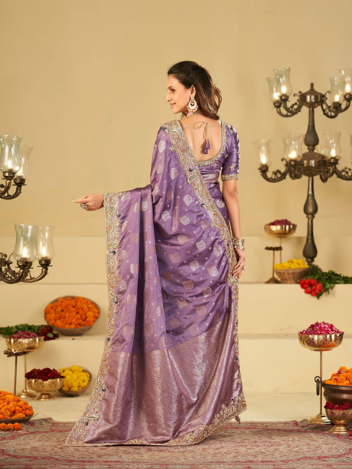 Lavender Purple Banarasi Silk Saree with Heavy Embroidered Scallop Border & Rich Zari Woven Pallu | Designer Wedding Festive Saree