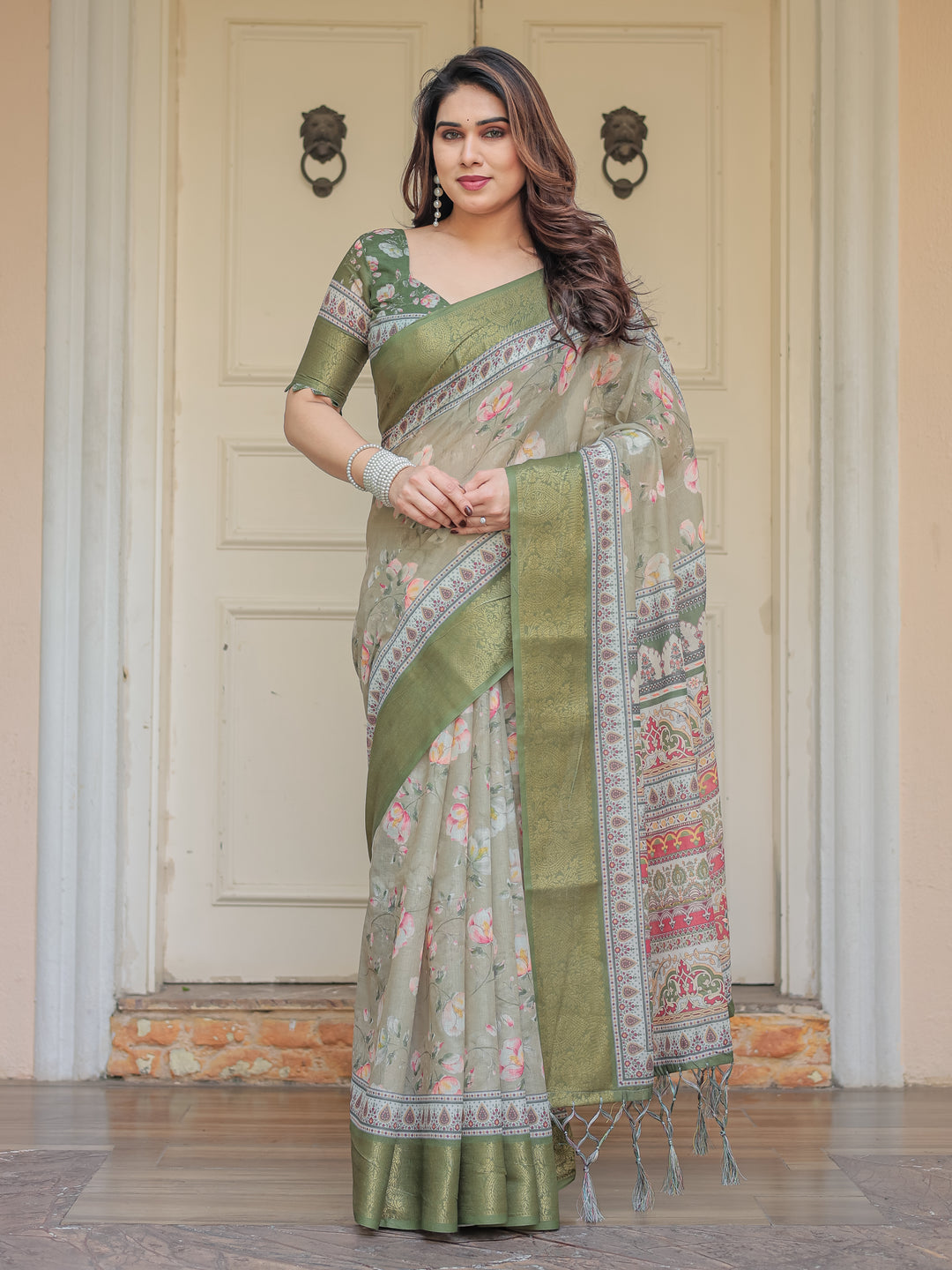 Olive Green Floral Printed Handloom Cotton Saree with Woven Zari Border & Traditional Pallu