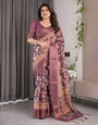 Plum Purple Handloom Linen Saree with Multicolor Floral Pallu & Antique Zari Border | 5.5m Saree + 0.8m Blouse with Tassels