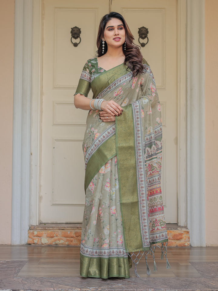 Olive Green Floral Printed Handloom Cotton Saree with Woven Zari Border & Traditional Pallu
