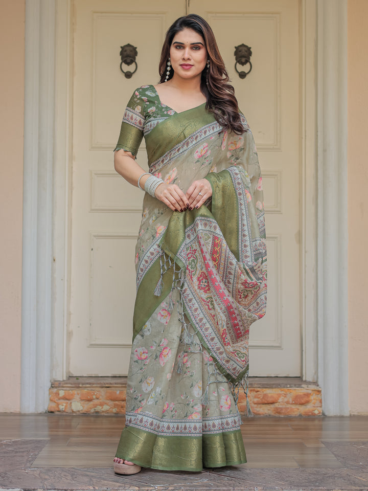Olive Green Floral Printed Handloom Cotton Saree with Woven Zari Border & Traditional Pallu