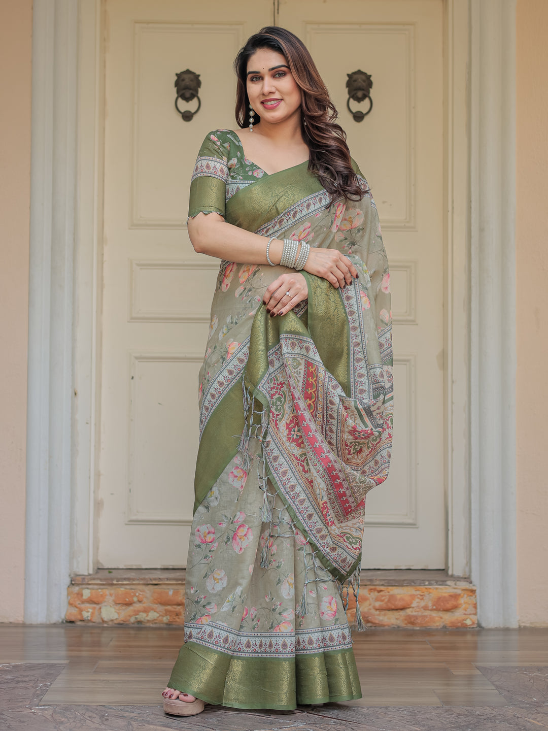Olive Green Floral Printed Handloom Cotton Saree with Woven Zari Border & Traditional Pallu