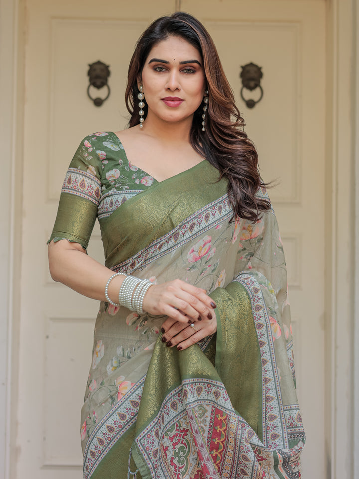 Olive Green Floral Printed Handloom Cotton Saree with Woven Zari Border & Traditional Pallu